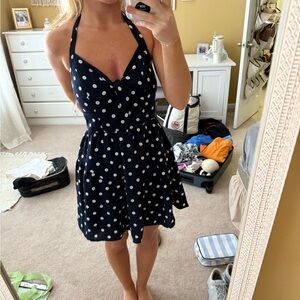 Francescas navy and white polka dot mini halter dress